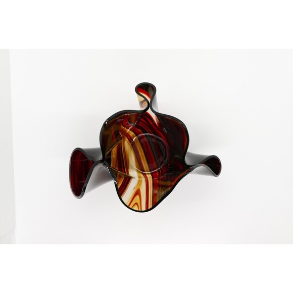 Vintage Handkerchief Art Glass Bowl Vase Red Wave Stripe Paper Folded Handmade - Picture 8 of 10